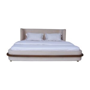 Modern Walnut Bed with Padded Headboard & Off-White Linen