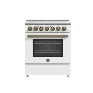 FORNO Espresso Paolo 30″ 4.38 cu. ft. Freestanding Electric Range in White with Antique Brass Handles, FFSEL6011-30WHT