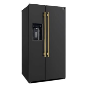 FORNO Espresso Salerno 36″ 20 cu. ft. Side-By-Side Refrigerator with Water and Ice Dispenser in Black with Antique Brass Handles FFRBI1844-36BLK